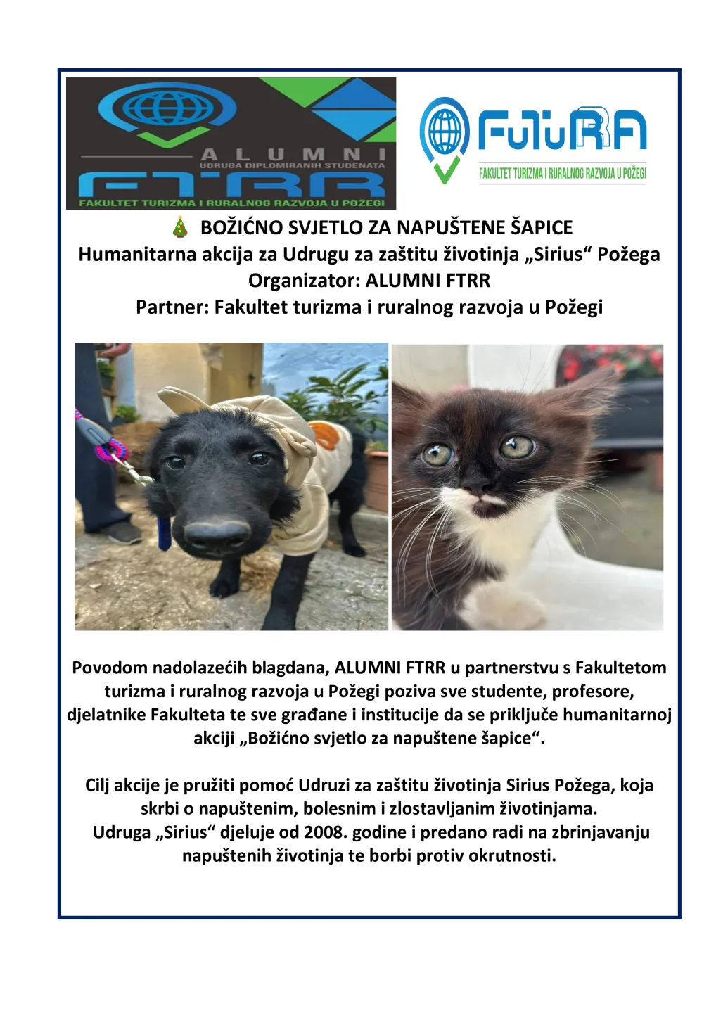 Božićno svjetlo za napuštene šapice - Humanitarna akcija za Udrugu za zaštitu životinja „Sirius“ Požega