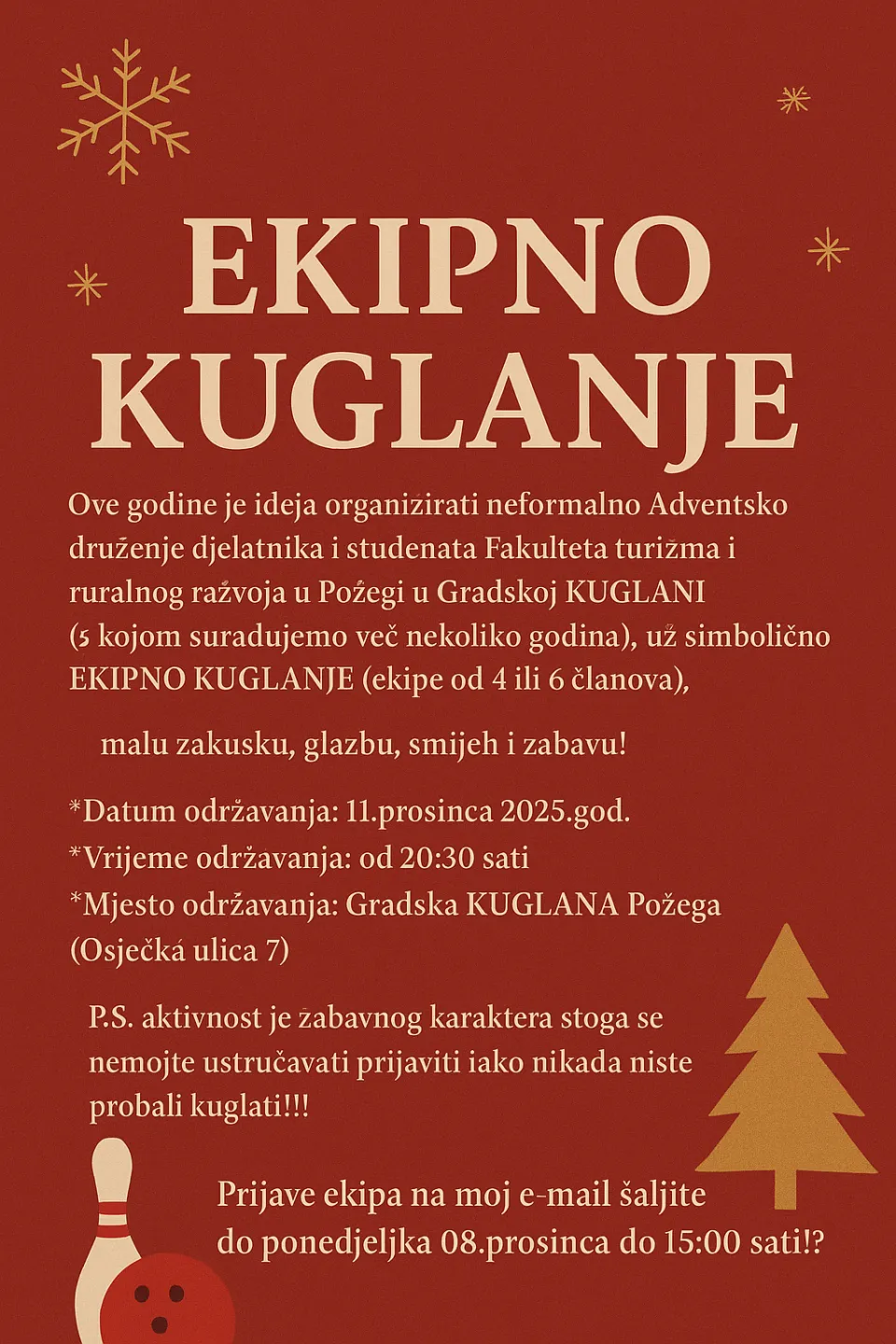 Poziv na ekipno kuglanje i adventsko druženje